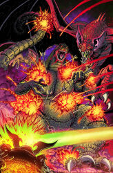 Rule 34 | alien, armor, arrow (projectile), arrow in body, bagorah, bat (animal), bleeding, blood, blood in mouth, claws, dark horse comics, demon, dinosaur, energy, energy beam, explosion, fire, gekido-jin, giant, giant monster, glowing, glowing eyes, godzilla, godzilla, king of the monsters (dark horse comics), godzilla (series), godzilla color special, green eyes, helmet, highres, injury, kaijuu, matt frank, monster, mutant, no humans, no pupils, official art, oni, pteranodon, pterosaur, red eyes, samurai, sea monster, space monster, spikes, tail, textless version, toho, veins, veiny wings, wings