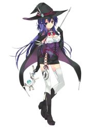 Rule 34 | 1girl, boots, breasts, cleavage, cloak, elbow gloves, female focus, full body, gloves, hat, highres, jewelry, long hair, majika majika, purple hair, refeia, simple background, skirt, solo, staff, thighhighs, tsukushi mizuho, white background, witch hat
