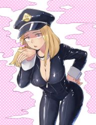 Rule 34 | 10s, 1girl, absurdres, black bodysuit, blonde hair, blowing kiss, blue eyes, bodysuit, boku no hero academia, breasts, center opening, cgiftrsnut, cleavage, curvy, hand on own hip, hat, highres, large breasts, looking at viewer, parted lips, peaked cap, pink background, simple background, skin tight, solo, thighs, unzipped, utsushimi kemii, wide hips, wrist cuffs, zipper pull tab