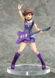 Rule 34 | 1girl, \m/, absurdres, belt collar, blue eyes, boots, bracelet, breasts, brown hair, collar, cross-laced footwear, earrings, electric guitar, eyeshadow, facing viewer, faux figurine, freckles, full body, guitar, highres, instrument, jcm2, jewelry, knee boots, lace-up boots, legs apart, looking at viewer, luna loud, makeup, miniskirt, one eye closed, open mouth, paperclip, paperclip earrings, plaid, plaid skirt, purple eyeshadow, purple footwear, purple shirt, purple skirt, shirt, short hair, skirt, skull, small breasts, smile, solo, standing, t-shirt, the loud house, torn clothes, torn shirt, wink