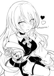Rule 34 | 1girl, absurdres, black choker, blush, breasts, character name, choker, flower, from above, greyscale, hair between eyes, hatsuno xxx, heart, highres, holding, holding flower, hololive, hololive indonesia, jacket, looking at viewer, looking up, medium breasts, monochrome, moona hoshinova, off shoulder, rose, sketch, solo, virtual youtuber