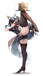 Rule 34 | 1girl, absurdres, animal ears, black footwear, black hair, black thighhighs, breasts, brown gloves, china dress, chinese clothes, clothing cutout, dress, full body, gloves, hair between eyes, highres, holding, holding plate, hololive, inre kemomimi, long hair, looking at viewer, medium breasts, multicolored hair, navel, ookami mio, pelvic curtain, plate, red eyes, red hair, shoes, simple background, solo, split, standing, standing on one leg, streaked hair, tail, thighhighs, underboob cutout, virtual youtuber, white background, wolf ears, wolf girl, wolf tail