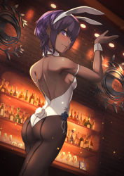 Rule 34 | 1girl, animal ear hairband, animal ears, announ (kurotya), arm up, ass, backless outfit, bar (place), bare shoulders, blush, bottle, breasts, brick wall, brown pantyhose, closed mouth, commentary, dark-skinned female, dark skin, fake animal ears, fate/prototype, fate/prototype: fragments of blue and silver, fate (series), goredolf musik, hair between eyes, hairband, hassan of serenity (fate), highres, indoors, leotard, looking at viewer, looking back, medium breasts, pantyhose, playboy bunny, purple eyes, purple hair, rabbit ear hairband, rabbit ears, rabbit tail, sidelocks, solo, tail, white hairband, white leotard, wrist cuffs