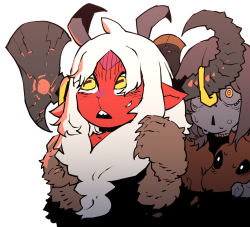 Rule 34 | 2girls, axe, axehorn (ssambatea), baphomet (niking), borrowed character, claws, colored skin, demon girl, highres, horizontal pupils, horns, monster girl, multiple girls, original, parted lips, pelt, pointy ears, red skin, simple background, ssambatea, sweatdrop, triangle mouth, white background, white hair, wide-eyed, yellow eyes