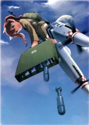 Rule 34 | 1girl, aerial bomb, animal, backpack, bag, bomb, bombing, briefcase, cloud, escort fighter, explosive, flying, francie gerard, military, military uniform, p-51 mustang, randoseru, shimada fumikane, sky, source request, strike witches, striker unit, tail, twintails, uniform, world witches series