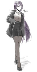 Rule 34 | 1girl, absurdres, black footwear, black jacket, black pantyhose, black skirt, blazer, breasts, closed mouth, girls&#039; frontline, grey shirt, hand on own hip, high heels, highres, jacket, long hair, looking at viewer, open clothes, open jacket, pantyhose, purple hair, red eyes, shirt, skirt, solo, standing, stigmamyu, wa2000 (girls&#039; frontline), white background