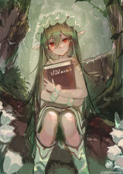 Rule 34 | 1girl, blurry, blush, book, bug, butterfly, depth of field, elf, fantasy, flower, flower bracelet, forest, green hair, head tilt, head wreath, highres, holding, holding book, bug, legs together, light particles, long hair, looking at viewer, nagasawa tougo, nature, original, pointy ears, red eyes, sitting, sketch, solo, tree stump, twitter username, very long hair