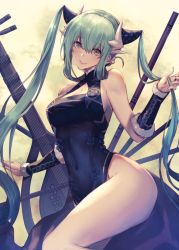 Rule 34 | 1girl, alternate hairstyle, bare shoulders, cloud, dragon horns, fate/grand order, fate (series), green hair, hair ornament, head tilt, horns, kiyohime (fate), long hair, looking at viewer, oukawa yuu, smile, solo, twintails, yellow eyes