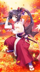 Rule 34 | 1girl, bell, black bow, black hair, bow, breasts, brown eyes, detached sleeves, full body, hair bell, hair bow, hair ornament, hair ribbon, hakama, highres, holding, holding sword, holding weapon, japanese clothes, large breasts, leaf, long hair, looking at viewer, maple leaf, obi, open mouth, outdoors, ponytail, purple bow, red hakama, ribbon, sandals, sash, senkou no clarias, sideboob, solo, suzuhira hiro, sword, tabi, tachibana yakumo, tree, weapon, white legwear