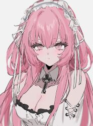 Rule 34 | 1girl, aogisa, azur lane, bare shoulders, breasts, cleavage, collar, detached collar, dress, frilled dress, frilled hairband, frills, hair between eyes, hairband, highres, light blush, long hair, looking at viewer, medium breasts, perseus (azur lane), pink eyes, pink hair, simple background, solo, white background, white dress