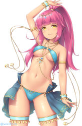 Rule 34 | 1girl, arm up, armlet, bare shoulders, blunt bangs, bracelet, breasts, cowboy shot, dancer, gluteal fold, high ponytail, jewelry, long hair, looking at viewer, medium breasts, navel, necklace, o-ring, o-ring bottom, original, pink hair, ponytail, sasaame, showgirl skirt, simple background, smile, solo, star ring top, stomach, thighlet, twitter username, white background, yellow eyes