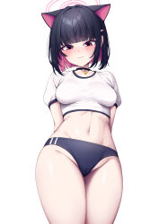 Rule 34 | 1girl, absurdres, alternate costume, animal ears, arms behind back, black choker, black hair, blue archive, blue buruma, breasts, buruma, cameltoe, cat ears, choker, cleft of venus, closed mouth, colored inner hair, commentary, cowboy shot, crop top, extra ears, frown, gym uniform, halo, highres, kazusa (blue archive), looking at viewer, medium breasts, metaljelly, midriff, multicolored hair, navel, pink eyes, pink hair, red eyes, revision, shirt, short hair, short sleeves, simple background, solo, standing, stomach, symbol-only commentary, thighs, two-tone hair, white background, white shirt