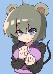 Rule 34 | 1girl, animal ears, blue background, blue eyes, blush, breasts, closed mouth, collared shirt, commentary request, cookie (touhou), fake nyon (cookie), grey hair, hair between eyes, large breasts, long sleeves, looking at viewer, madore, mouse ears, mouse girl, mouse tail, nazrin, pink shirt, shirt, short hair, simple background, smile, solo, tail, touhou, upper body