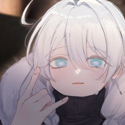 Rule 34 | 1girl, ahoge, aoirnn, blue eyes, blurry, blurry background, crying, crying with eyes open, eyes visible through hair, fingernails, hair between eyes, highres, long hair, original, parted lips, portrait, solo, tears, turtleneck, upper body