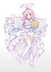 Rule 34 | 1girl, angel wings, blue archive, bouquet, commentary, dress, feathered wings, flower, full body, gloves, hair bun, highres, holding, holding bouquet, long hair, low wings, mika (blue archive), picter, pink hair, sidelocks, single side bun, solo, thighhighs, tiara, wedding dress, white background, white dress, white footwear, white gloves, white thighhighs, white wings, wings, yellow eyes, yellow flower