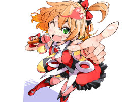 Rule 34 | 10s, 1girl, bibi02, dress, freyja wion, green eyes, highres, macross, macross delta, microphone, necktie, one eye closed, open mouth, orange hair, pointing, pointing at viewer, red dress, red ribbon, ribbon, short hair, side ponytail, solo, thighhighs, zettai ryouiki