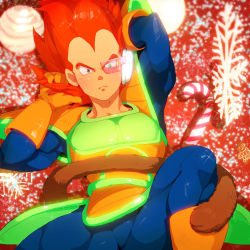 Rule 34 | 1boy, alternate hair color, armor, blue bodysuit, bodysuit, boots, candy, candy cane, chest armor, christmas, closed mouth, cookie, dragon ball, dragonball z, food, glitter, gloves, looking at viewer, male focus, monkey tail, orange gloves, saiyan armor, scouter, short hair, snowflakes, solo, spiked hair, supobi, tail, thighs, vegeta