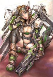 Rule 34 | 1girl, armor, blue eyes, boots, breasts, brown hair, cleavage, gun, highres, kuratch, large breasts, mecha, original, power armor, rifle, robot, solo, thighhighs, weapon, wings