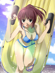 Rule 34 | 1girl, bikini, blue bikini, breasts, cloud, day, front-tie top, gakky, hanging breasts, inflatable raft, kimi kiss, large breasts, lens flare, navel, open mouth, raft, sakino asuka, sandals, sky, solo, swimsuit, thigh gap
