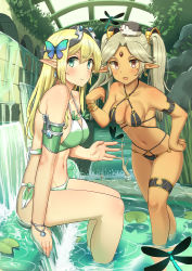 Rule 34 | 2girls, absurdres, animal, armlet, bad id, bad pixiv id, bikini, black bikini, blonde hair, blush, bracelet, breasts, bug, butterfly hair ornament, closed mouth, collarbone, commentary request, criss-cross halter, dark-skinned female, dark skin, dragonfly, earrings, from side, green bikini, green eyes, hair between eyes, hair ornament, halterneck, hand on own hip, hedgehog, highres, indoors, insect, jewelry, leaning forward, lily pad, long hair, looking at viewer, medium breasts, multiple girls, o-ring, o-ring bikini, open mouth, original, osananajimi neko, plant, pointy ears, red eyes, side-tie bikini bottom, side-tie bottom, silver hair, sitting, small breasts, smile, standing, swimsuit, thigh strap, twintails, wading, water