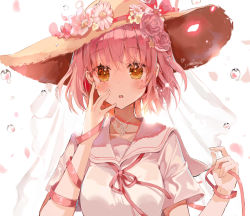 Rule 34 | 1girl, :o, b rock, bad id, bad pixiv id, blush, commentary, commission, daisy, english commentary, fingernails, flower, hair flower, hair ornament, hand up, hat, hat flower, highres, looking at viewer, neck ribbon, orange eyes, original, parted lips, pink flower, pink hair, pink rose, pink sailor collar, pink shirt, red ribbon, ribbon, rose, sailor collar, school uniform, serafuku, shirt, solo, straw hat, upper body, water drop, white flower