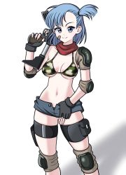 Rule 34 | 1girl, asymmetrical bangs, bandaid, bandaid on face, bikini, blue eyes, blue hair, blue shorts, breasts, bulma, camouflage, camouflage bikini, dragon ball, dragon ball (classic), elbow pads, eron, fingerless gloves, gloves, gun, highres, knee pads, long hair, looking at viewer, machine gun, medium breasts, navel, one side up, open clothes, open shorts, raised eyebrow, red scarf, scarf, short shorts, shorts, shoulder pads, smile, solo, stomach, swimsuit, thigh strap, weapon
