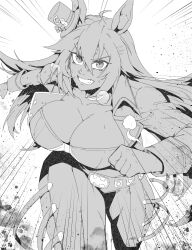 Rule 34 | 1girl, absurdres, ahoge, animal ears, asymmetrical sleeves, belt, breasts, cleavage, clenched hands, clenched teeth, commentary request, crop top, cropped jacket, greyscale, hair between eyes, hat, highres, horse ears, horse girl, jacket, large breasts, long hair, long sleeves, looking at viewer, minew, mini hat, mini top hat, monochrome, motion lines, mr. c.b. (umamusume), open clothes, open jacket, pants, running, simple background, solo, sweat, sweatdrop, teeth, top hat, umamusume, white background
