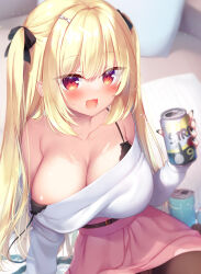 Rule 34 | 1girl, black bra, black pantyhose, blonde hair, blush, bra, breasts, can, commentary request, hair ribbon, holding, holding can, large breasts, looking at viewer, open mouth, original, pantyhose, pillow, red eyes, ribbon, sazaki ichiri, solo, strap slip, strong zero, underwear