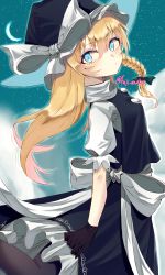 Rule 34 | 1girl, :/, alternate eye color, apron, blonde hair, blouse, blue eyes, blush, bow, braid, bright pupils, foot out of frame, from side, gloves, hair between eyes, hat, highres, katsukare, kirisame marisa, long hair, looking at viewer, night, pantyhose, shirt, side braid, single braid, sky, solo, star (sky), starry sky, touhou, turtleneck, very long hair, white pupils, white shirt, witch hat