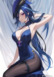 Rule 34 | 1girl, alternate costume, arm up, armpits, bare arms, bare shoulders, blue dress, blue hair, blue nails, breasts, cleavage, clorinde (genshin impact), commentary, covered navel, curtains, dress, earrings, genshin impact, halter dress, halterneck, hat, helloimtea, highres, jewelry, large breasts, long hair, looking at viewer, nail polish, pantyhose, purple eyes, sitting, sleeveless, sleeveless dress, solo, thigh strap, thighs, tricorne, very long hair