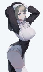 Rule 34 | 1girl, absurdres, arms up, ascot, bbul horn, black dress, blue eyes, blunt bangs, blush, breasts, dress, frilled dress, frills, from side, grey hair, highres, large breasts, layered dress, long sleeves, looking at viewer, looking to the side, original, parted lips, pelvic curtain, short hair, simple background, skindentation, solo, thighhighs, two-tone dress, veil, white ascot, white background, white dress, white thighhighs