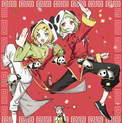 Rule 34 | 3girls, animal hood, black pants, blonde hair, blue eyes, candy, chinese border, chinese clothes, clenched hand, commentary, confetti, double bun, eating, fighting stance, food, green hair, green shirt, gumi, hair bun, hair ornament, hairclip, highres, holding, holding candy, holding food, holding lollipop, hood, kagamine rin, leg up, light blush, lollipop, looking at viewer, mika-chan, multiple girls, open mouth, outstretched hand, panda, panda hood, pants, pink hair, red background, red eyes, red shirt, red vest, shirt, short hair, smile, soyaka, standing, standing on one leg, star (symbol), swept bangs, v, v-shaped eyebrows, vest, vocaloid, white pants, yi er fan club (vocaloid)
