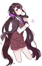 Rule 34 | 1girl, alternate costume, black hair, brown shorts, brown vest, commentary request, cropped legs, danganronpa (series), danganronpa v3: killing harmony, from side, frown, hair ornament, hair scrunchie, hairclip, hand up, harukawa maki, highres, holding, holding hair, long hair, long sleeves, looking at viewer, low twintails, necktie, pink necktie, pink scrunchie, red eyes, scrunchie, shirt, shorts, simple background, solo, sparkle, twintails, very long hair, vest, white background, white shirt, yoshi taka (y 04taka)