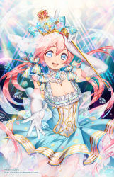 Rule 34 | 1girl, :d, \m/, blue eyes, blush, bow, breasts, cleavage, crown, dress, elbow gloves, gloves, hair bow, head tilt, holding, kaze-hime, long hair, looking at viewer, low twintails, open mouth, original, pink hair, scepter, smile, solo, treble clef, twintails, very long hair, watermark, web address, white gloves