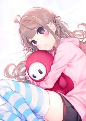 Rule 34 | 1girl, ahoge, bed sheet, black ribbon, black shorts, blush, brown hair, chikuwa., closed mouth, commentary request, fall guy, fall guys, feet out of frame, hair ribbon, heart, highres, hood, hood down, hoodie, hug, long hair, lying, no shoes, on side, original, pink hoodie, purple eyes, ribbon, short shorts, shorts, smile, striped clothes, striped thighhighs, thighhighs, two side up, very long hair