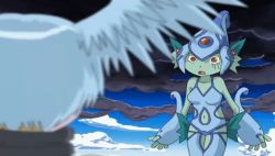 Rule 34 | 00s, 2girls, angry, animated, animated gif, attack, bare shoulders, blush, breasts, catfight, claws, cleavage, cloud, collar, colored skin, digimon, digimon frontier, elbow gloves, facial mark, female focus, fighting, fingerless gloves, fish girl, fog, gauntlets, gloves, green skin, head wings, helmet, high collar, legs, mask, midriff, monster girl, mouth mask, multiple girls, navel, ranamon, red eyes, scarf, screencap, short hair, shoulder pads, shutumon, sky, swimsuit, wings