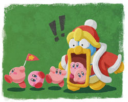 Rule 34 | !, !!, bird, flag, fur-trimmed jacket, fur trim, hat, holding, holding flag, jacket, king dedede, kirby, kirby (series), miclot, multiple others, nintendo, no humans, open mouth, penguin, red headwear, running, star (symbol), star print, wide-eyed