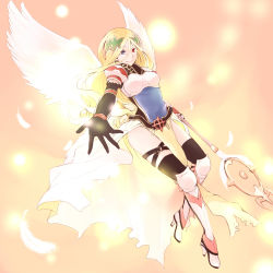 Rule 34 | 1girl, angel wings, armor, armored dress, black gloves, black thighhighs, blonde hair, blue eyes, boots, closed mouth, commentary request, elbow gloves, feathered wings, full body, gauntlets, gloves, heterochromia, high heel boots, high heels, long hair, looking at viewer, negi mugiya, ragnarok online, red eyes, smile, solo, staff, thighhighs, valkyrie, valkyrie (ragnarok online), white wings, wings