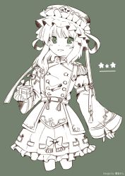 Rule 34 | 1girl, :d, adapted costume, asymmetrical hair, balance scale, bow, box, buttons, cropped legs, epaulettes, flower, frilled hat, frills, gift, gift box, green background, green eyes, green theme, hat, highres, holding, holding gift, long sleeves, looking at viewer, medium hair, open mouth, rbfnrbf (mandarin), ribbon, ribbon-trimmed skirt, ribbon trim, shiki eiki, shirt, simple background, skirt, smile, solo, standing, touhou, vest, weighing scale, wide sleeves