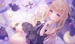 Rule 34 | 1girl, bare shoulders, barefoot, blush, character request, copyright request, holding, licking lips, light brown hair, long hair, looking at viewer, loungewear, mimikaki, official art, omochi monaka, on bed, purple eyes, purple ribbon, ribbon, sitting, smile, tongue, tongue out, twintails, virtual youtuber