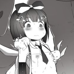 Rule 34 | 1girl, animal ears, backpack, bag, bestiality, blunt bangs, blush, bow, breast sucking, breasts, character request, closed mouth, commentary, copyright name, copyright request, cum, greyscale, hair bow, hair ornament, hairclip, highres, leonat, looking down, mini person, miniboy, monochrome, motion lines, necktie, penis, rabbit, ribs, saliva, signature, simple background, size difference, skinny, small breasts, solo, star (symbol), star hair ornament, sweat, symbol-only commentary, upper body, wavy mouth