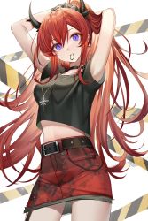 Rule 34 | 1girl, absurdres, arknights, armpit peek, arms up, bare arms, belt, black choker, black shirt, breasts, choker, cowboy shot, crop top, crop top overhang, denim, denim skirt, hair tie in mouth, high-waist skirt, highres, horns, ion (on01e), jewelry, long hair, looking at viewer, medium breasts, midriff, miniskirt, mouth hold, necklace, official alternate costume, ponytail, purple eyes, red hair, red skirt, shirt, short sleeves, skirt, solo, standing, surtr (arknights), surtr (liberte echec) (arknights), very long hair