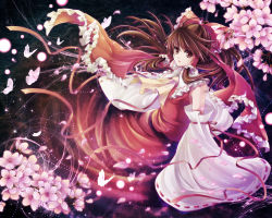 Rule 34 | 1girl, ascot, bad id, bad pixiv id, bow, brown eyes, brown hair, bug, butterfly, cherry blossoms, collar, detached sleeves, female focus, flower, frilled bow, frilled shirt collar, frills, hagiwara rin, hair bow, hakurei reimu, insect, japanese clothes, long hair, looking at viewer, miko, red bow, red ribbon, red shirt, red skirt, ribbon, ribbon-trimmed sleeves, ribbon trim, shirt, skirt, solo, touhou, white collar, wide sleeves, yellow ascot