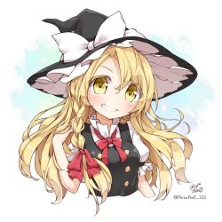 Rule 34 | 1girl, anzu ame, blonde hair, bow, braid, clenched teeth, colored eyelashes, grin, tucking hair, hat, hat bow, kirisame marisa, long hair, looking at viewer, playing with own hair, side braid, smile, solo, teeth, touhou, witch hat, yellow eyes