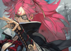 Rule 34 | 1girl, amputee, arc system works, arm guards, baiken, big hair, black jacket, black kimono, breasts, cleavage, eyepatch, facial tattoo, guilty gear, guilty gear xrd, holding, holding sword, holding weapon, hungry clicker, jacket, jacket on shoulders, japanese clothes, kataginu, katana, kimono, large breasts, multicolored clothes, multicolored kimono, one-eyed, open clothes, open kimono, parted bangs, pink hair, ponytail, red eyes, reverse grip, samurai, scar, scar across eye, scar on face, sword, tattoo, weapon, white kimono