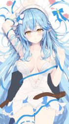 Rule 34 | 1girl, arm up, armpits, bad id, bad twitter id, bed sheet, belt, beret, blue hair, blue skirt, blush, braid, breasts, collarbone, commentary request, corset, dakimakura (medium), elf, flower, french braid, frilled skirt, frills, hair between eyes, hair flower, hair ornament, half updo, hat, hololive, long hair, looking at viewer, lying, medium breasts, on back, pointy ears, rin yuu, shirt, sidelocks, skirt, solo, thighhighs, unfinished, virtual youtuber, white hat, white shirt, yellow eyes, yukihana lamy