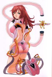 Rule 34 | 1girl, absurdres, angel wings, arrow (symbol), ass, back, between thighs, bodysuit, boots, breasts, cable, covered erect nipples, from behind, full body, green eyes, hakua ugetsu, hands on thighs, heart, highres, kneeling, large breasts, lisa.com, long hair, looking at viewer, looking back, official art, open mouth, red hair, scan, see-through, shiny clothes, simple background, skin tight, solo, swept bangs, taisen hot gimmick, taisen hot gimmick 3, thighs, turtleneck, wings