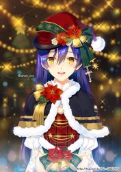 Rule 34 | 1girl, bell, blue hair, capelet, christmas, christmas ornaments, christmas tree, cross, flower, fur trim, hair between eyes, hat, long hair, looking at viewer, love live!, love live! school idol festival, love live! school idol project, open mouth, plaid, santa hat, smile, solo, sonoda umi, striped, trianon, twitter username, yellow eyes
