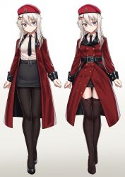 Rule 34 | 2girls, 9a-91 (girls&#039; frontline), alternate costume, belt, beret, blouse, blue eyes, blush, coat, dual persona, girls&#039; frontline, griffin &amp; kryuger military uniform, hair between eyes, hair ornament, hairclip, hat, head tilt, high heels, highres, long hair, looking at viewer, md5 mismatch, military, military uniform, multiple girls, necktie, pantyhose, resolution mismatch, shirt, skindentation, skirt, sleeve cuffs, source smaller, star (symbol), star hair ornament, thighhighs, trench coat, uniform, white background, white hair, white shirt, yakob labo
