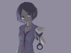 Rule 34 | 1girl, arm at side, arm up, breasts, closed mouth, collared shirt, commentary request, cuffs, green eyes, grey background, handcuffs, hayami kanade, idolmaster, idolmaster cinderella girls, jewelry, naname (fossama1), necklace, necktie, red necktie, shirt, short hair, short sleeves, simple background, small breasts, solo